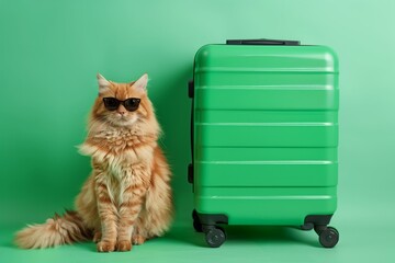 Wall Mural - A cat wearing sunglasses sits next to a green suitcase