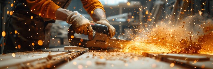 a carpenter using an electric saw to cut wood in the workshop