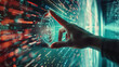 © paulmalaianu - Future technology concept. Hand touches a stream of data.