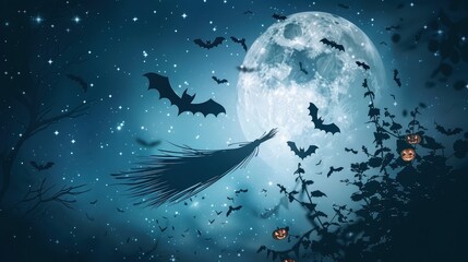 A shadowy outline of a witch's broom sweeping through the air under a full moon, with bats fluttering around in a starry Halloween night sky. The scene captures the essence of a magical flight.