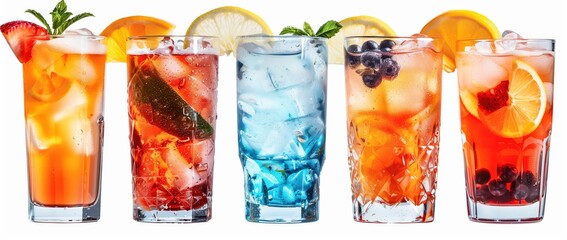 Wall Mural - Set of summer drinks with fruits and ice in glasses isolated on a white background