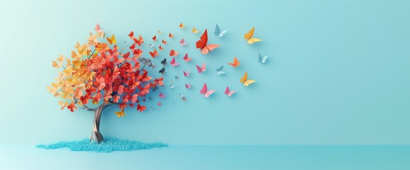 abstract tree with colorful origami butterflies flying in the wind on a light blue background