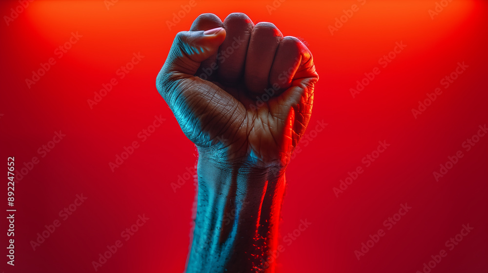 Raised First Raised fist symbolizing strength and protest illuminated by red and ...