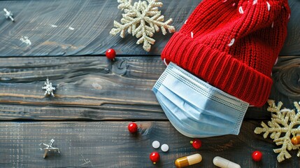 Poster - View of red hat with medicine items on wooden background mask on table for online festivities and health during Christmas and New Year