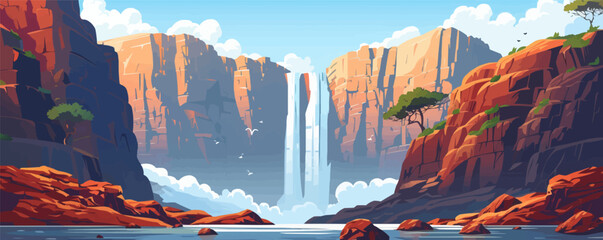 Wall Mural - Majestic waterfall cascading down rocky cliffs. Vector flat minimalistic isolated illustration