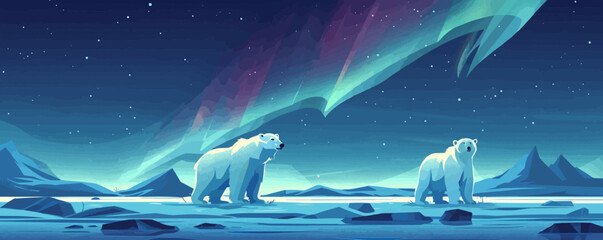 icy tundra landscape with polar bears and aurora borealis. vector flat minimalistic isolated illustr