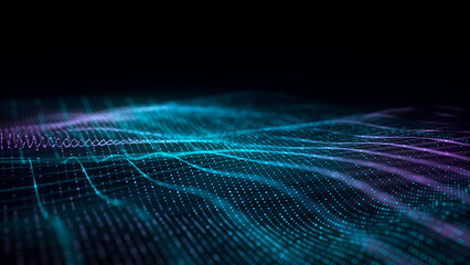 Leinwandbilder - Wave of particles and lines. Big data visualization. Abstract color background with a dynamic wave. 3d rendering.