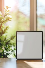 Aufkleber - Tablet Mockup on a Wooden Table near a Window with Sunlight