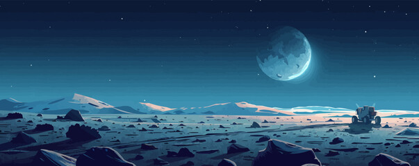 Wall Mural - lunar rover exploring the rugged terrain of the moon. vector flat minimalistic isolated illustration