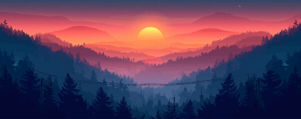 Wall Mural - A radiant sunrise over a misty valley with trees silhouetted against the sky. Vector flat minimalistic isolated illustration.