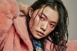 © Goashape-Studio - Glamorous Pink Fur Coat:  A stunning portrait of a young woman in a luxurious pink fur coat with vibrant makeup, highlighting her captivating gaze and alluring style.  Her wet, dark hair adds a sensua