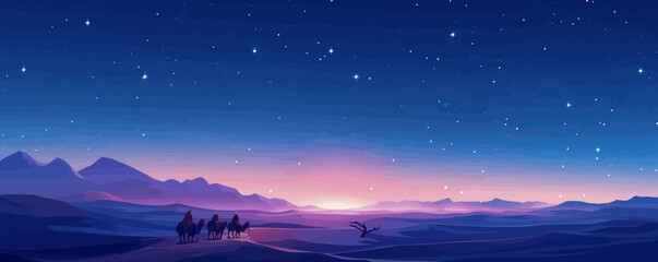 Poster - Arabian caravan crossing the desert under a starry night sky. Vector flat minimalistic isolated illustration.