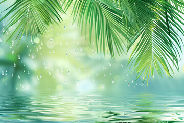 Wall Mural - drops of water fell on the clear water surface and shaded palm leaves.
