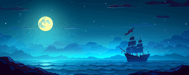 Wall Mural - a moonlit night on the open ocean, with a pirate flag fluttering atop a ship's mast. vector flat min
