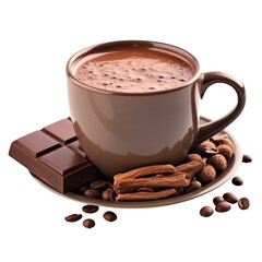 Delicious Hot Chocolate with Chocolate Bar and Coffee Beans Isolated.