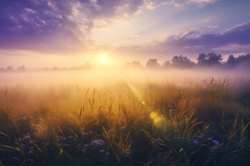 Wall Mural - Colorful and misty sunrise over grass meadow