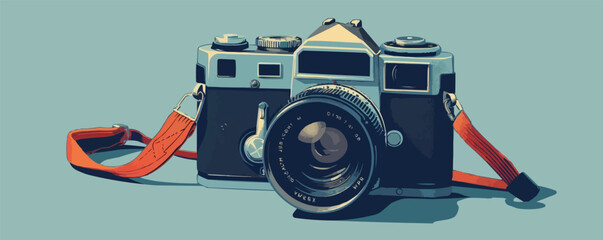 Vintage film camera with adjustable lens and strap Vector flat minimalistic isolated illustration