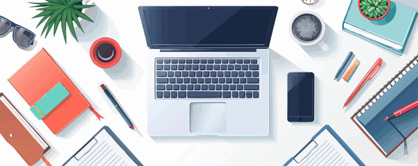 Wall Mural - Office desk with paperwork, stationery items, and laptop computer on a plain white surface. Vector flat isolated illustration.