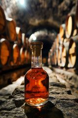 Wall Mural - Close-up of bottle of cognac on background of wooden barrels in cellar of winery.