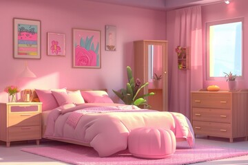 Wall Mural - A cozy bedroom with pink walls and rug