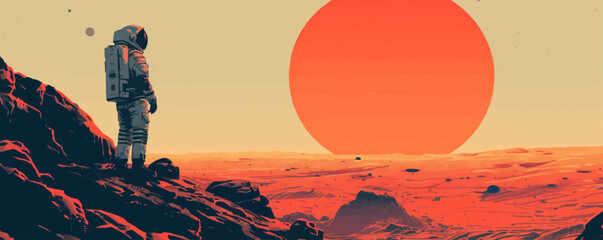 Wall Mural - sci-fi astronaut exploring a distant alien planet. vector flat minimalistic isolated illustration.