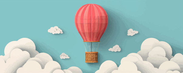 Poster - Nostalgic hot air balloon with woven basket and clouds Vector flat minimalistic isolated illustration