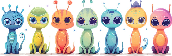 Alien toys on a white backdrop. Vector flat isolated illustration.