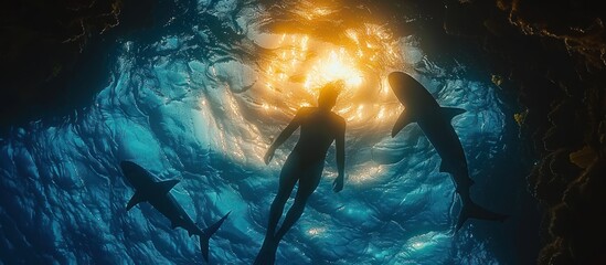 Silhouettes of a Diver and Two Sharks