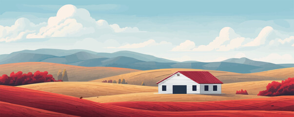 Sticker - Rustic farmhouse with rolling hills in the background Vector flat minimalistic isolated illustration