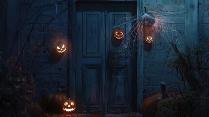 Wall Mural - A blue door with three carved pumpkins, perfect for fall and Halloween-themed photoshoots