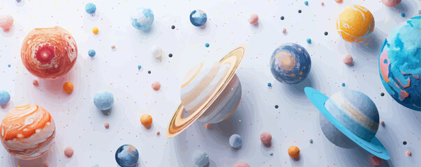 Miniature planet toys on a white surface. Vector flat isolated illustration.