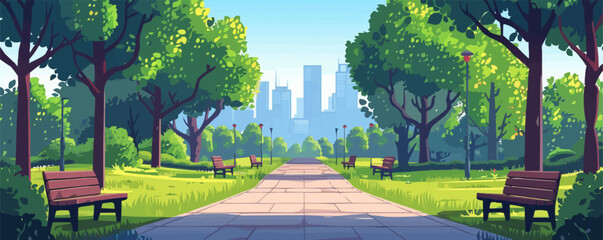 Modern city park with jogging path and benches Vector flat minimalistic isolated