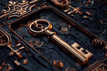 Wall Mural - A single golden key sits atop a dark or black surface, ready for use