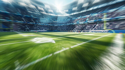 Dynamic view of a football stadium during a game, capturing the excitement and energy of sports events. The blurred motion effect adds a sense of speed and action.