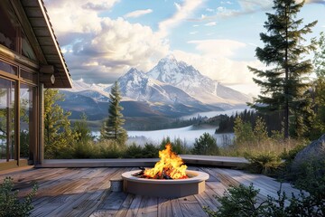 Wall Mural - A Cabin Deck With A Fire Pit Overlooking Misty Mountain Ranges