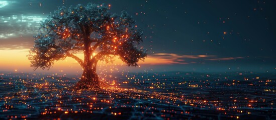 Canvas Print - Glowing Tree in a Digital Landscape