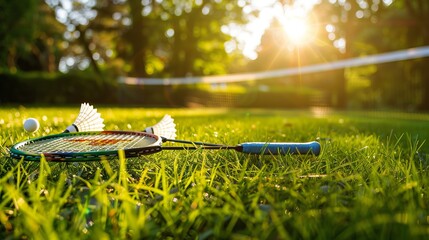 Sunset badminton equipment on grass court. Concept of outdoor sports, leisure activity, healthy lifestyle, summer hobbies