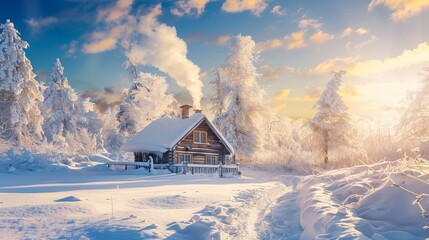 Snow-covered cabin in a winter forest at sunrise. Concept of wintertime, snow scenery, peaceful retreat, nature sunrise