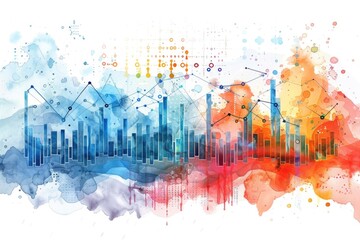 Poster - Watercolor painting of a bustling city skyline at sunset