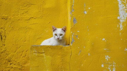 Canvas Print - The Cat in White and Yellow Camouflaged by the Wall