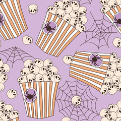 Sticker - Spooky scull popcorn vector seamless pattern. Halloween treat background.