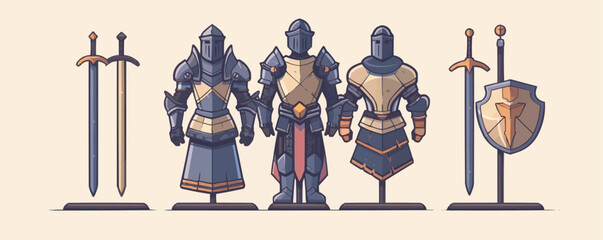 Poster - Medieval knight's armor displayed on a stand Vector flat minimalistic isolated illustration