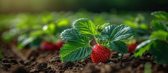 Poster - Ripe Strawberry in a Lush Patch