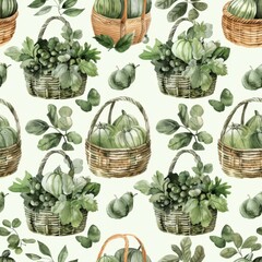 Watercolor green harvest baskets seamless repeating pattern, minimal pattern, high contrasty 