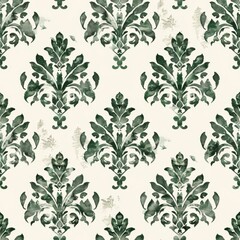 Watercolor forest green and ivory brocade seamless repeating pattern, minimal pattern, high contrasty 