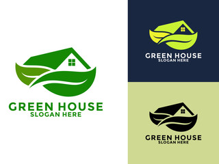 Wall Mural - Green House Logo Vector Template, Leaf with Home logo design