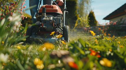 
From a low angle, a man is seen trimming a hedge or cutting grass with a lawnmower in his backyard on a sunny summer or spring day, engaging in house maintenance or leisure activity.