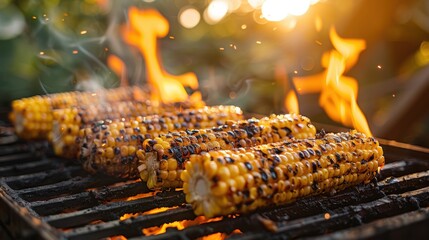 Wall Mural - Close-up of grilled corn on the cob with char marks, cooking over an open flame at a BBQ.