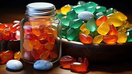 Sticker - A bottle of pills and a container of sugar are on a table  