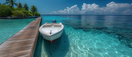 Wall Mural - Boat Docked at a Tropical Island Jetty